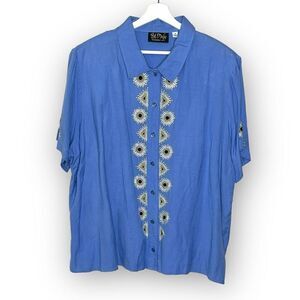 Bob Mackie Wearable Art Linen Embroidered Aztec Floral Button Up Shirt Womens 2X